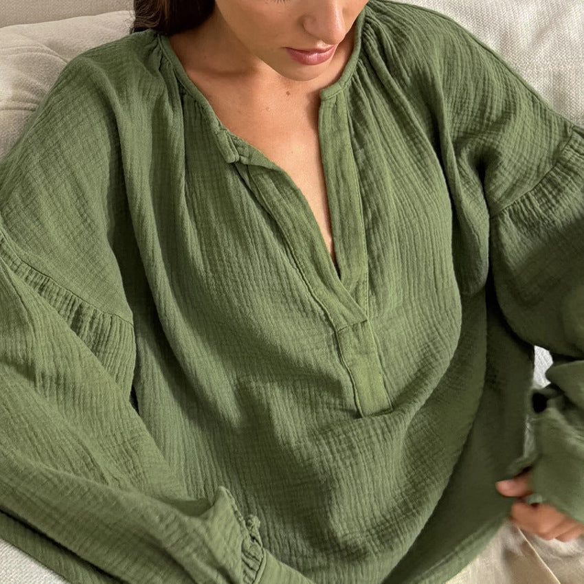 Blouse d’Été 100 % Coton – Manches Lanterna, Style Bohème Élégant