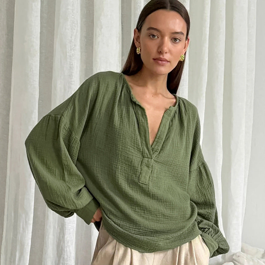 Blouse d’Été 100 % Coton – Manches Lanterna, Style Bohème Élégant