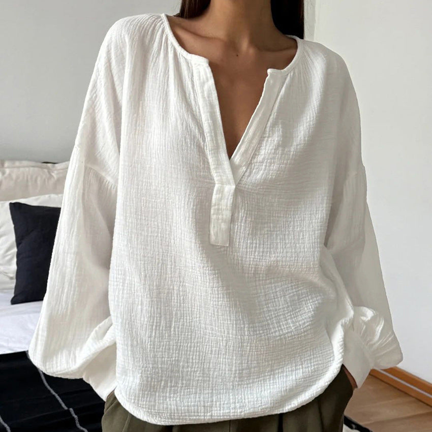 Blouse d’Été 100 % Coton – Manches Lanterna, Style Bohème Élégant