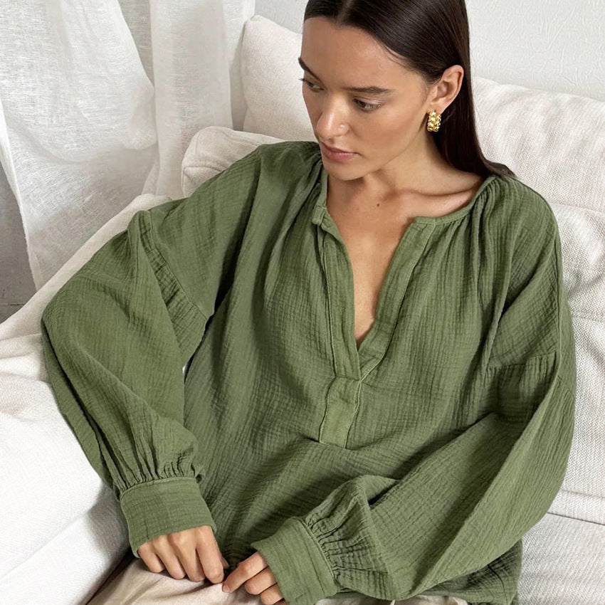 Blouse d’Été 100 % Coton – Manches Lanterna, Style Bohème Élégant