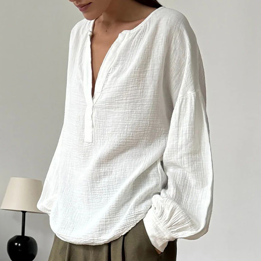 Blouse d’Été 100 % Coton – Manches Lanterna, Style Bohème Élégant